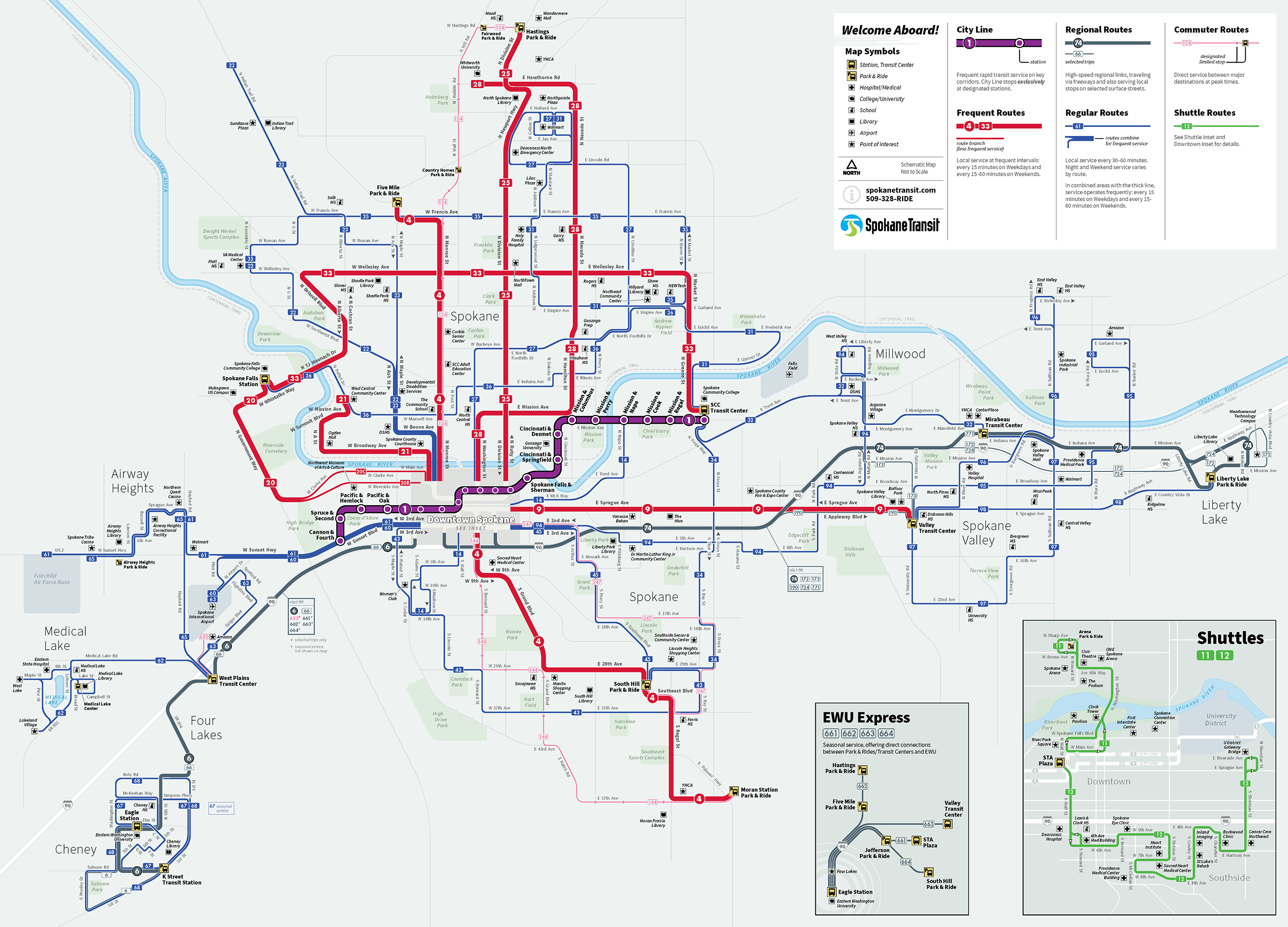 Map of Spokane Transit showing bus routes in different colors with stops, express routes, and shuttle services indicated.