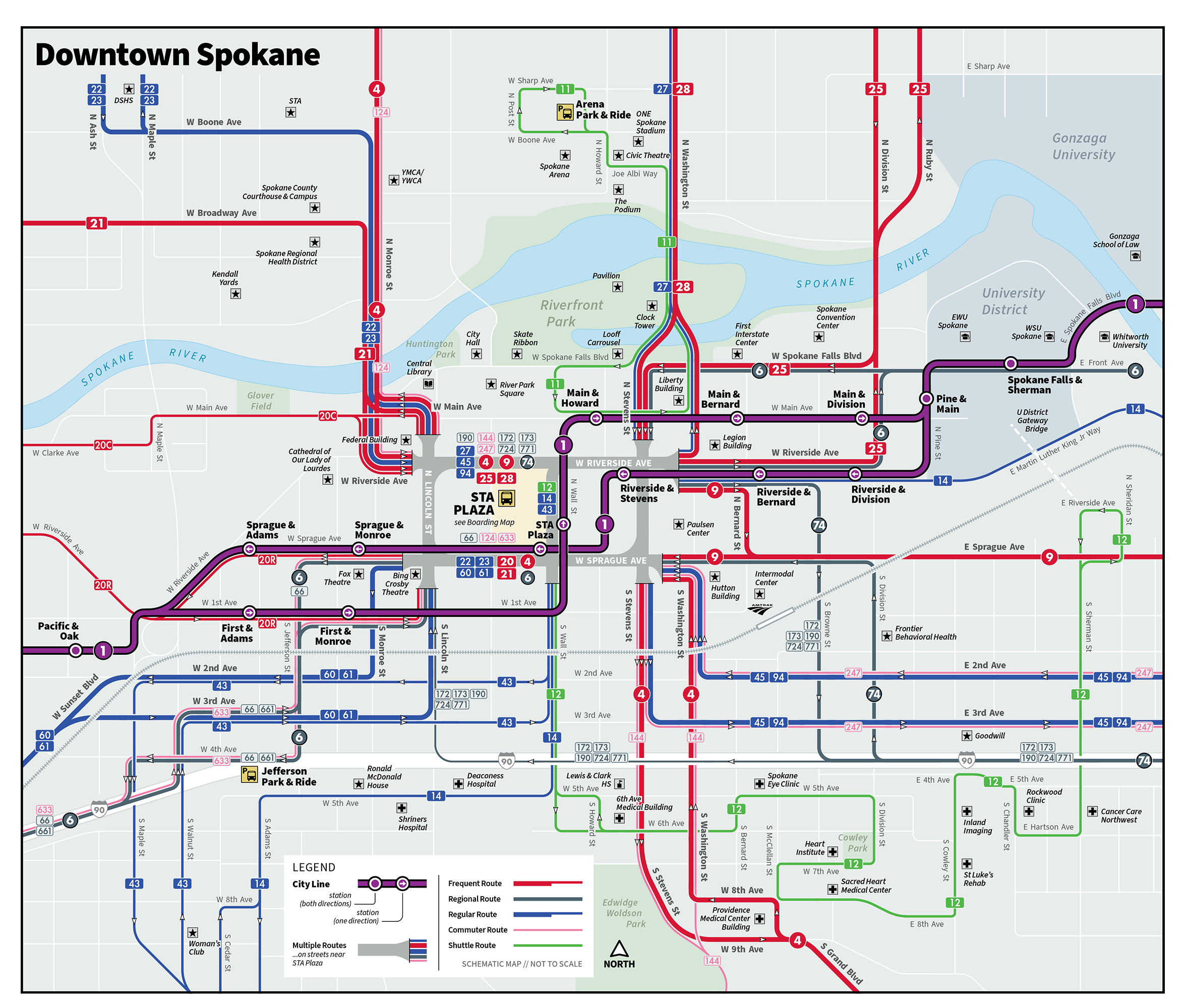 Map of Spokane's downtown bus routes with color-coded lines and labeled stops. Major stops highlighted for easy navigation.