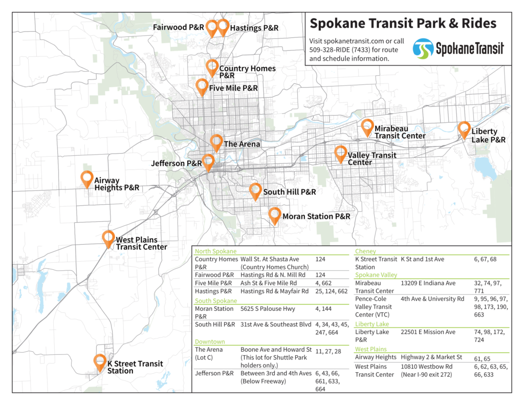 Map of Spokane Transit Park & Rides featuring clearly labeled park & ride locations, transit centers, and bus routes, encompassing park areas for your convenience.