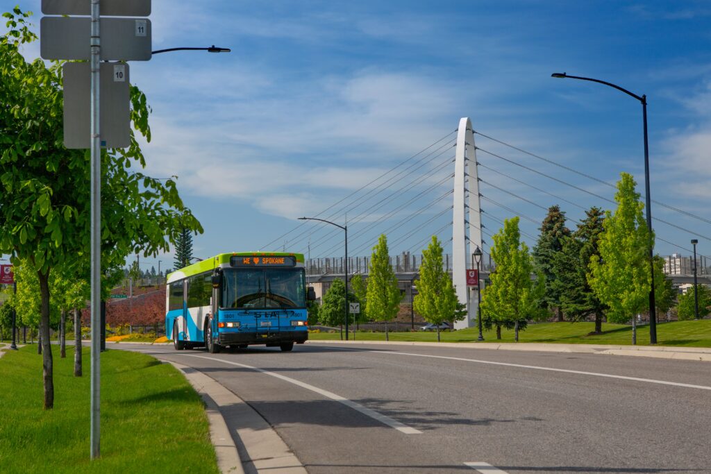 A city bus glides along a road near a striking cable-stayed bridge, one of STA's recent projects, surrounded by lush trees and set against a clear blue sky.