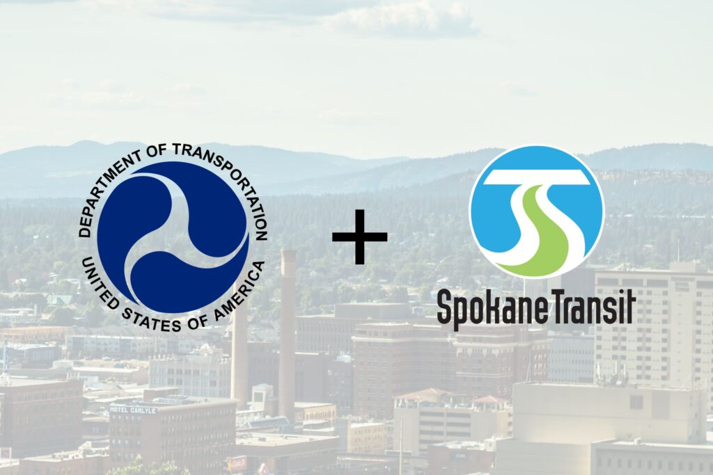 Logos of the Department of Transportation and Spokane Transit overlaid on a cityscape background.
