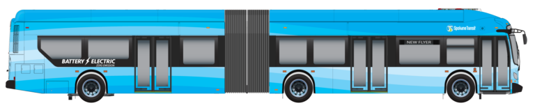 Illustration of a blue battery electric articulated bus viewed from the side.