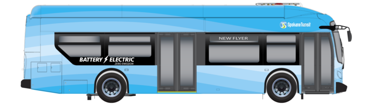 Illustration of a blue battery electric bus labeled "Spokane Transit" with "Battery Electric" text on the side.