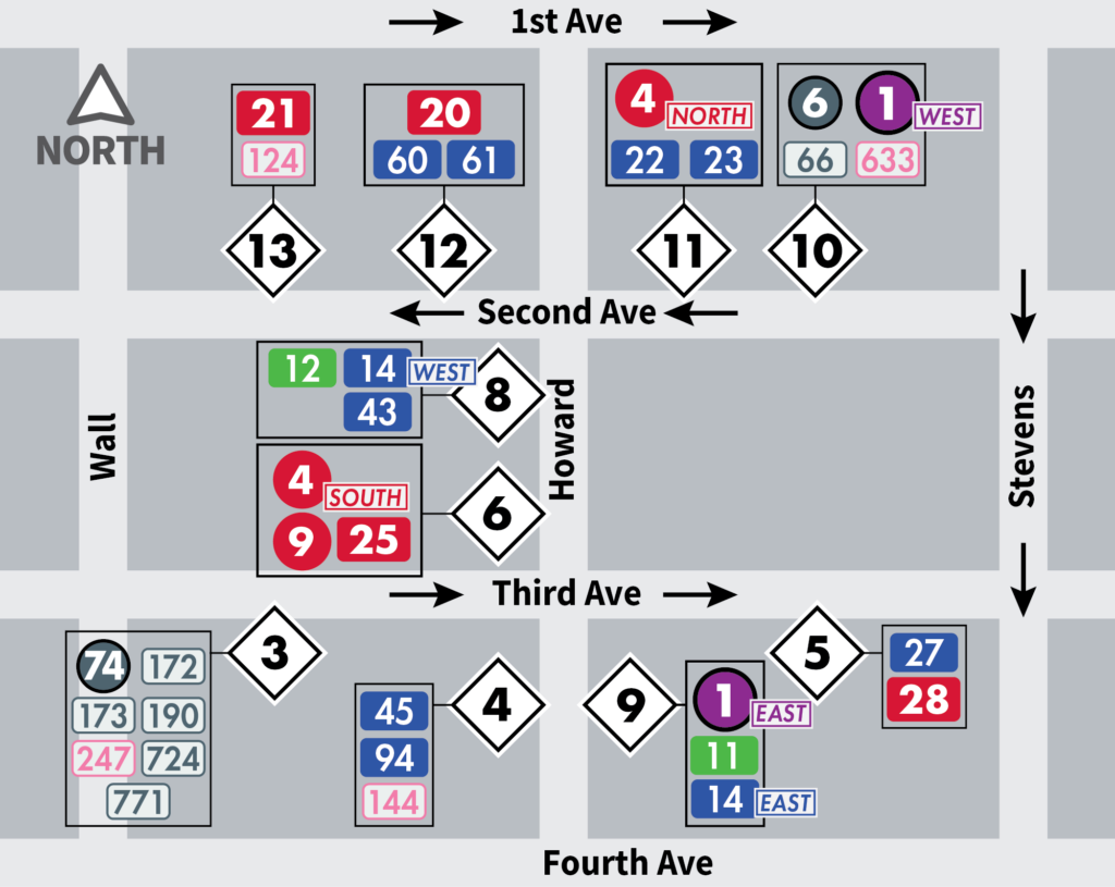 Map illustrating Alternate Downtown Boarding Bays near 1st, 2nd, 3rd, and 4th Avenues with Wall, Howard, and Stevens.