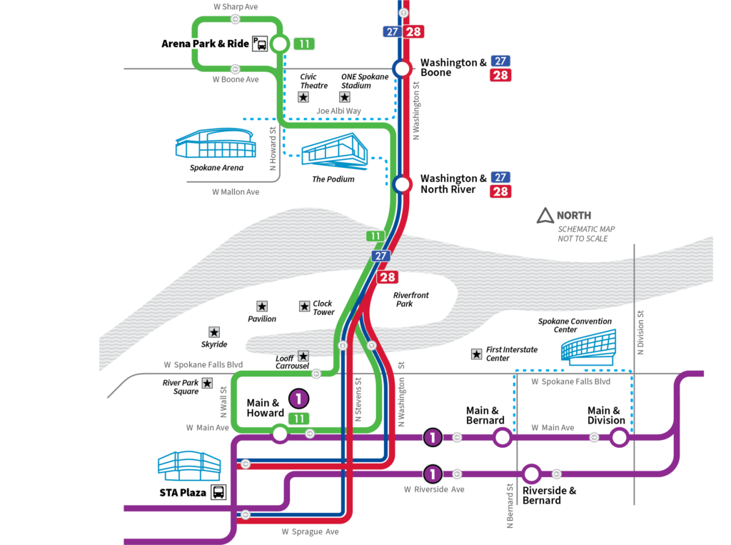Schematic map of downtown Spokane with colorful routes, stations, and a stylized river illustration.