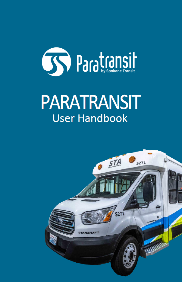 Cover of the Paratransit User Handbook featuring a Paratransit bus on a blue background.