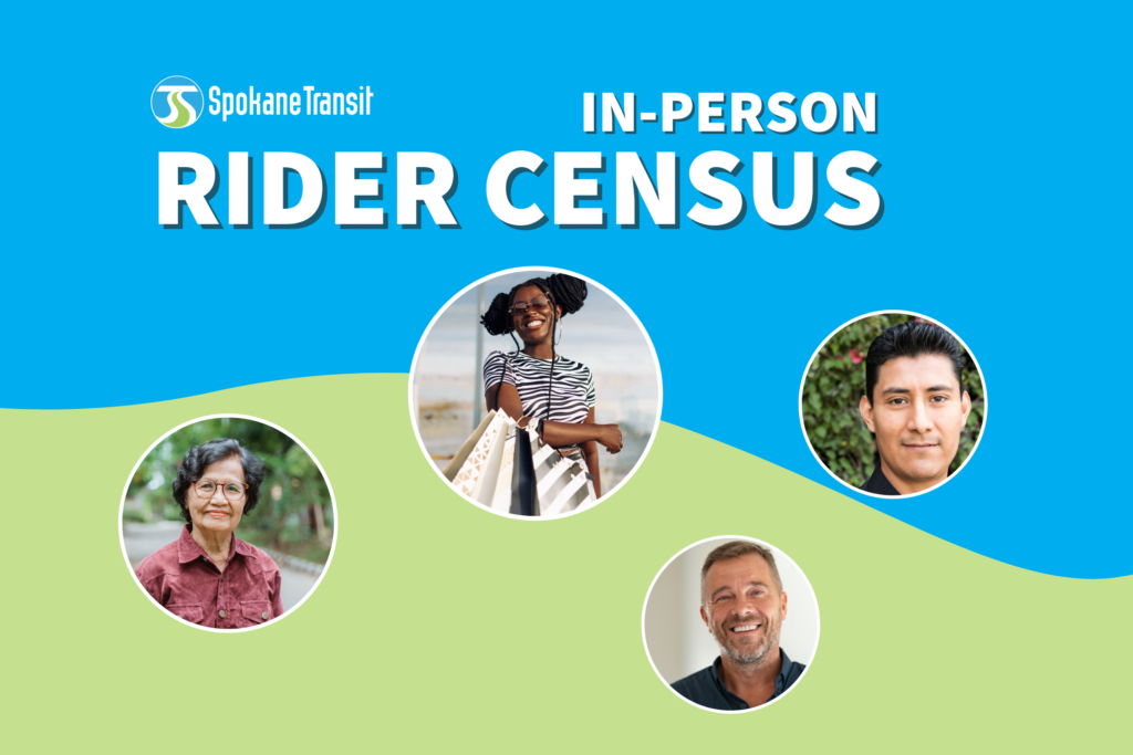 STA bus Spokane Transit Rider Census announcement with diverse people on a blue and green background.