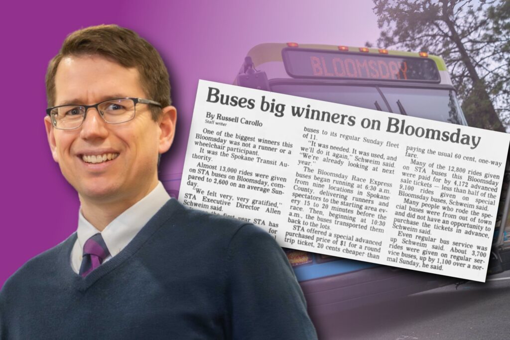 Karl Otterstrom smiles in front of a blurred STA bus marked "BLOOMSDAY" and a newspaper clipping with the headline "Buses big winners on Bloomsday".