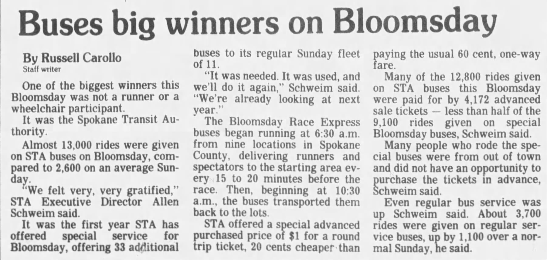The 1987 newspaper clipping with the headline, "Buses big winners on Bloomsday," about the first Bloomsday Shuttle service that has now become a staple in the annual race.