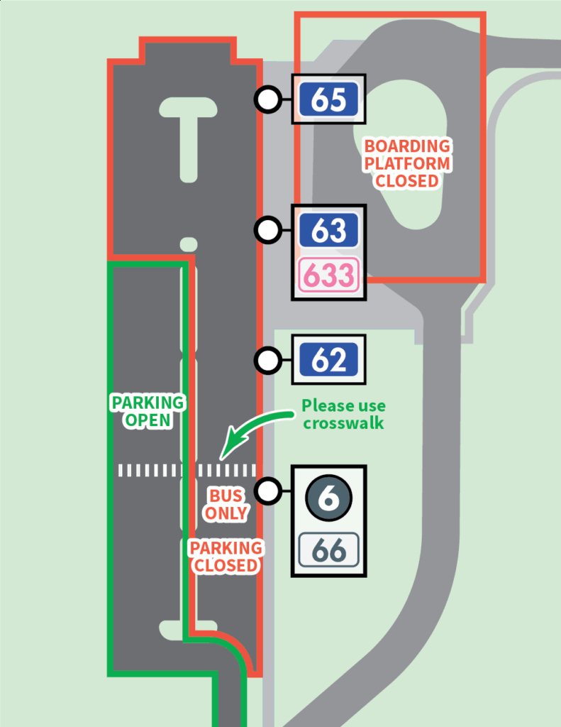 West Plains Transit Center Map showing bus stops 62, 63, 633, and 65. Stop 65 platform, parking closed; alternate crosswalk route shown.