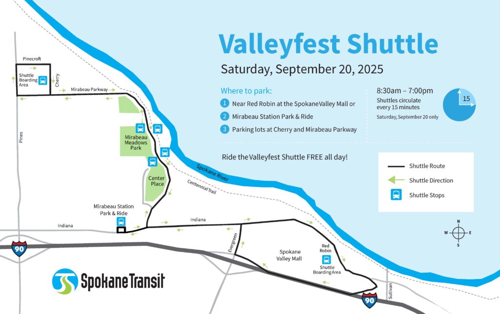 Valleyfest Shuttle routes, stops, and schedule in Spokane for Saturday, September 20, 2025.