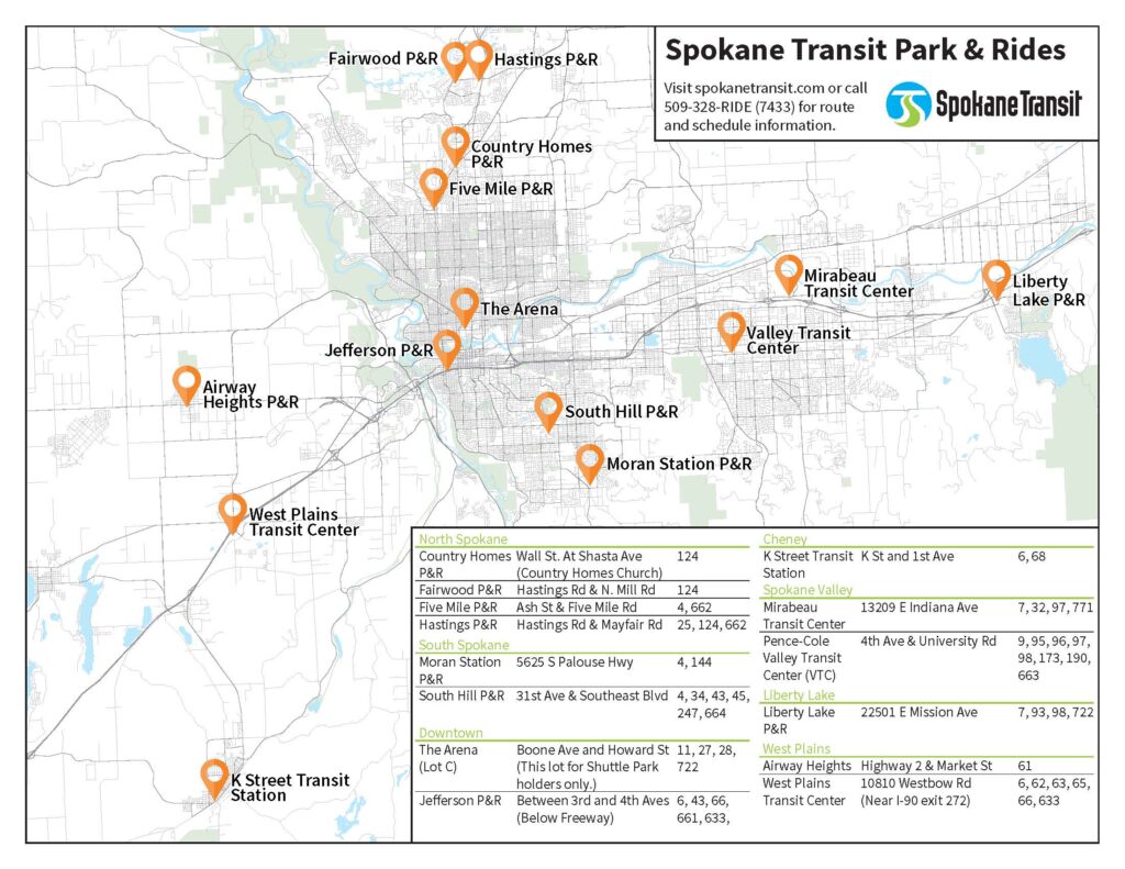 Spokane map highlighting Park & Ride transit center locations with orange markers and a route list.