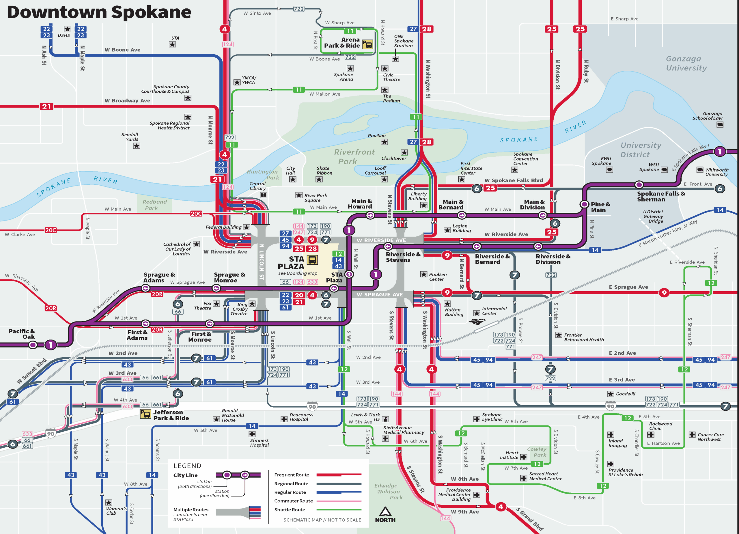 Spokane transit map with colored bus routes, stops, and STA Plaza central station.