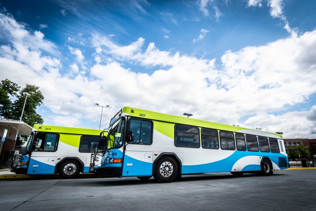 Two blue, green, and white city buses at a bus stop.