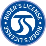 Blue "Rider’s License" logo with central white stylized “TS”.