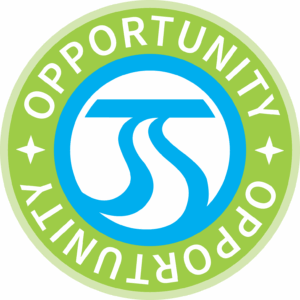 Green badge with “OPPORTUNITY” and a central blue abstract symbol.