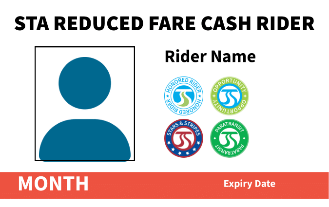 STA Reduced Fare Cash Rider card showing rider photo, name, pass logos, month, and expiry date.