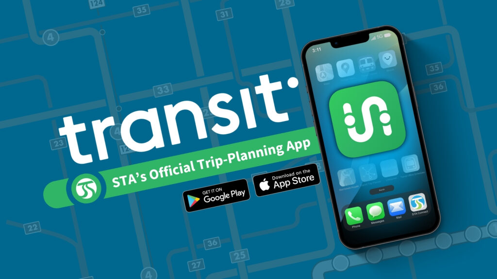 Transit app logo promoted as “STA’s Official Trip-Planning App" displayed on a smartphone, with Google Play and Apple App store icons shown on top of an STA system map.