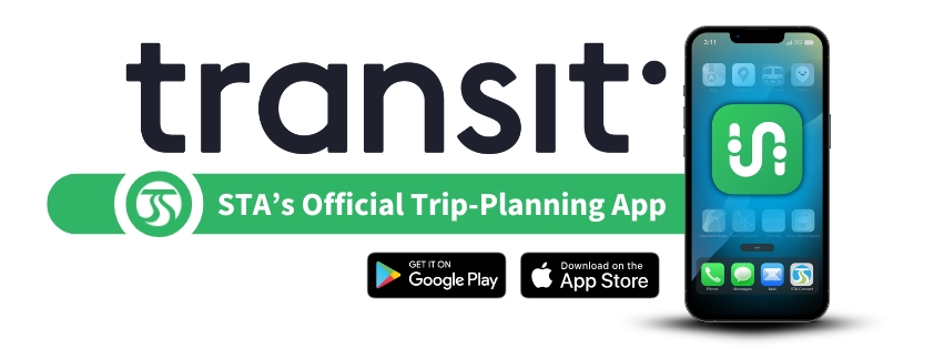 Transit app logo promoted as “STA’s Official Trip-Planning App" displayed on a smartphone, with Google Play and Apple App store icons shown.