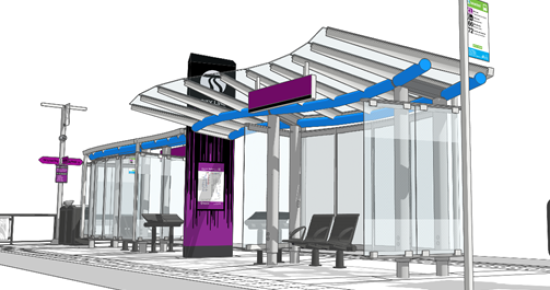 3D rendering of a modern Spokane Transit bus stop with a glass and steel structure, featuring seating, digital displays, and vibrant purple accents.