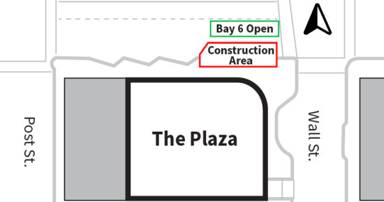 A map showing The Plaza at the intersection of Riverside Ave., Post St., Sprague Ave., and Wall St. A construction area is marked along Wall St. near Bay 6, which is open. A compass in the top right indicates north.