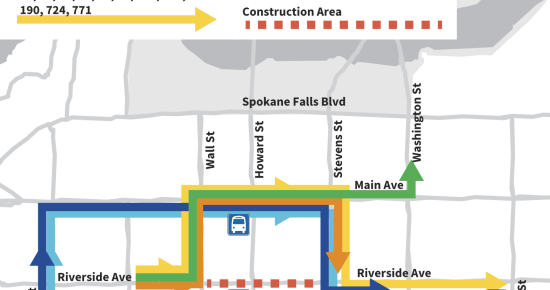 A map showing construction detours in a downtown area. Detour key indicates changes for buses 27, 39, SB4, 45, 94, 144, 66, 6, 661, and 663. The detours and skipped stops are marked with various colored arrows, while construction areas are outlined with red dashed lines.