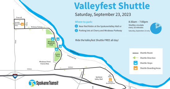 Map of the Valleyfest Shuttle route for September 23, 2023, from 8:30am to 7:00pm. The route includes Mirabeau Park and Spokane Valley Mall. Legends indicate shuttle stops, boarding areas, and directions. Shuttle service is free all day.