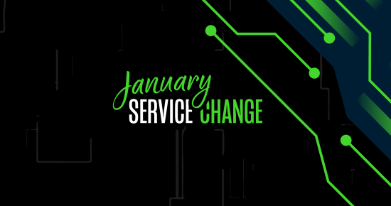 Graphic showcasing "January Service Change" text with vibrant green lines streaking across a dark background, highlighting STA's Jan 19, 2025 service change.