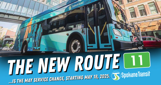 STA bus with banner announcing new Route 11 starting May 18, 2025.