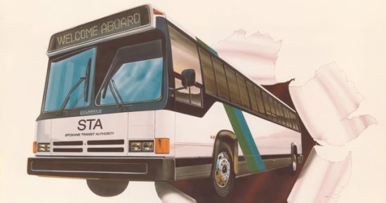 An illustration of a bus with the Spokane Transit Authority (STA) logo, appearing to burst through a paper-like wall. The bus displays "Welcome Aboard" on its front sign. The drawing is dynamic and gives a sense of motion.