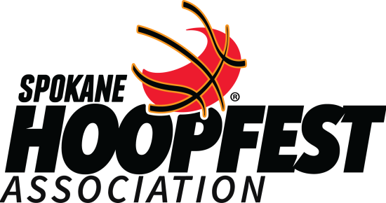 Logo for the Spokane Hoopfest Association, featuring stylized black text "Spokane Hoopfest Association" and a red basketball enclosed in curving yellow lines. The basketball appears to be in motion, creating a dynamic visual effect.