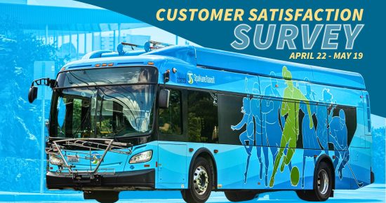 STA bus with athlete graphics beside text about a customer satisfaction survey, April 22–May 19.