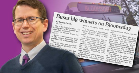 Karl Otterstrom smiles in front of a blurred STA bus marked "BLOOMSDAY" and a newspaper clipping with the headline "Buses big winners on Bloomsday".