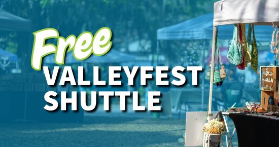 Free Valleyfest Shuttle" on a festival scene with vendor tents and crafts.