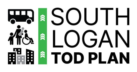 Graphic depicting the "South Logan TOD Plan" with icons of a bus, people, and buildings on the left. The bus and wheelchair icon are followed by arrows on a green background, indicating transit-oriented development initiatives.