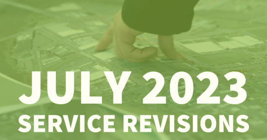 A hand pointing at a map overlaid with a semi-transparent green filter and the text "Spokane Transit July 2023 service revisions" in bold white letters.