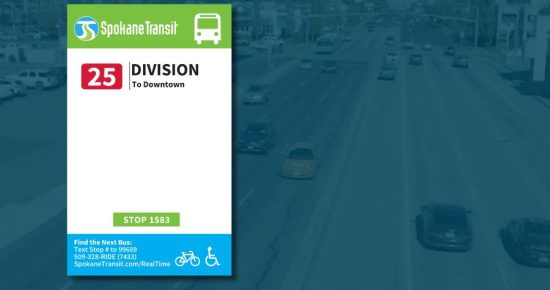 Image of and STA Route 25/Division Street bus stop flag with Division Street & Wellesley intersection faded in the background.